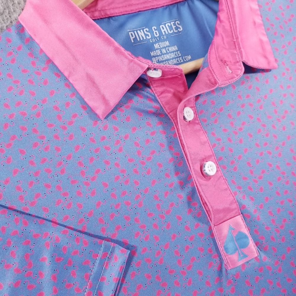 Pins & Aces Polo Mens Medium Purple Pink Flamingo Performance Golf Tiki Vacation